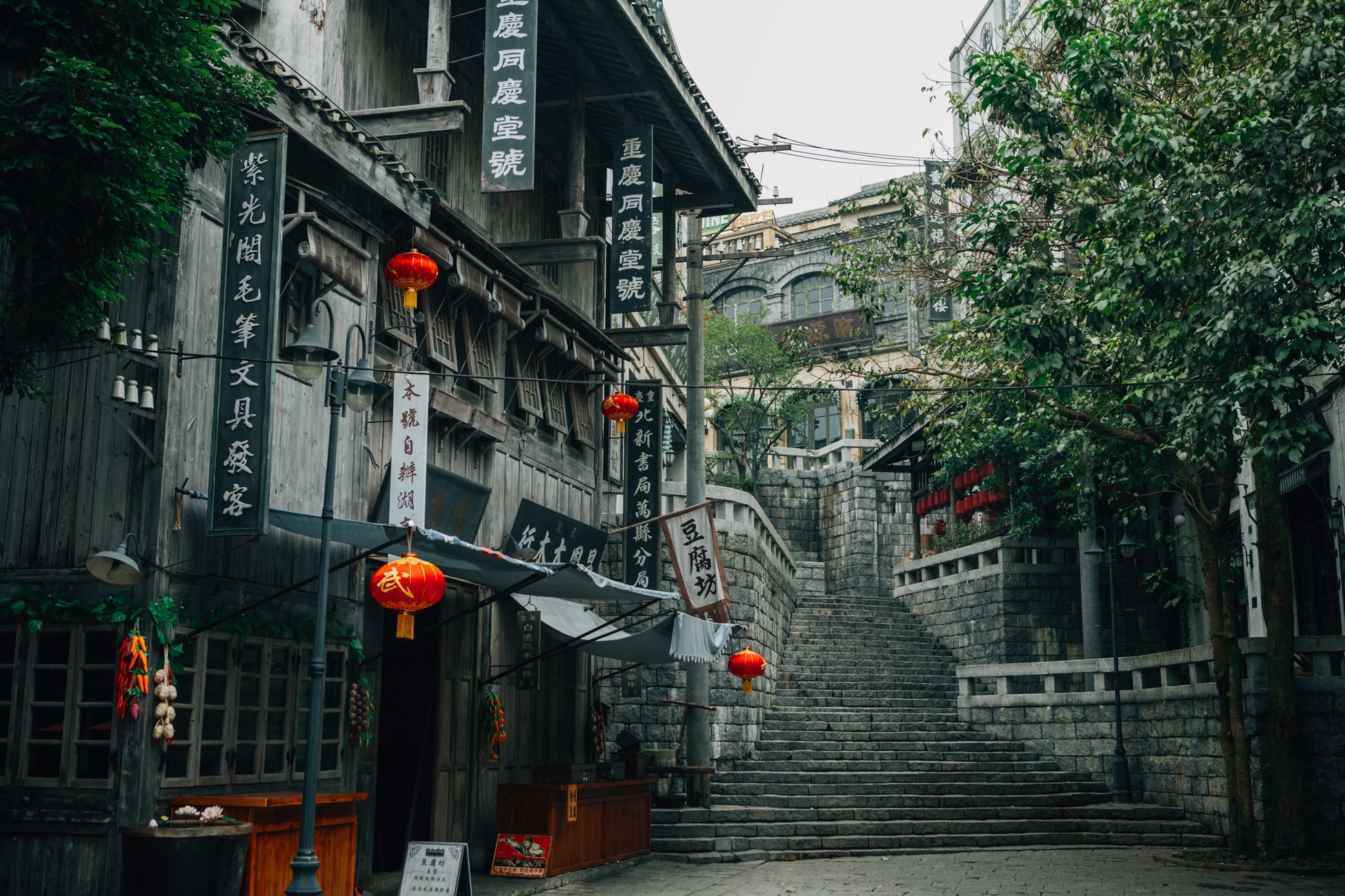 alleyway with old building and chinese lanterns