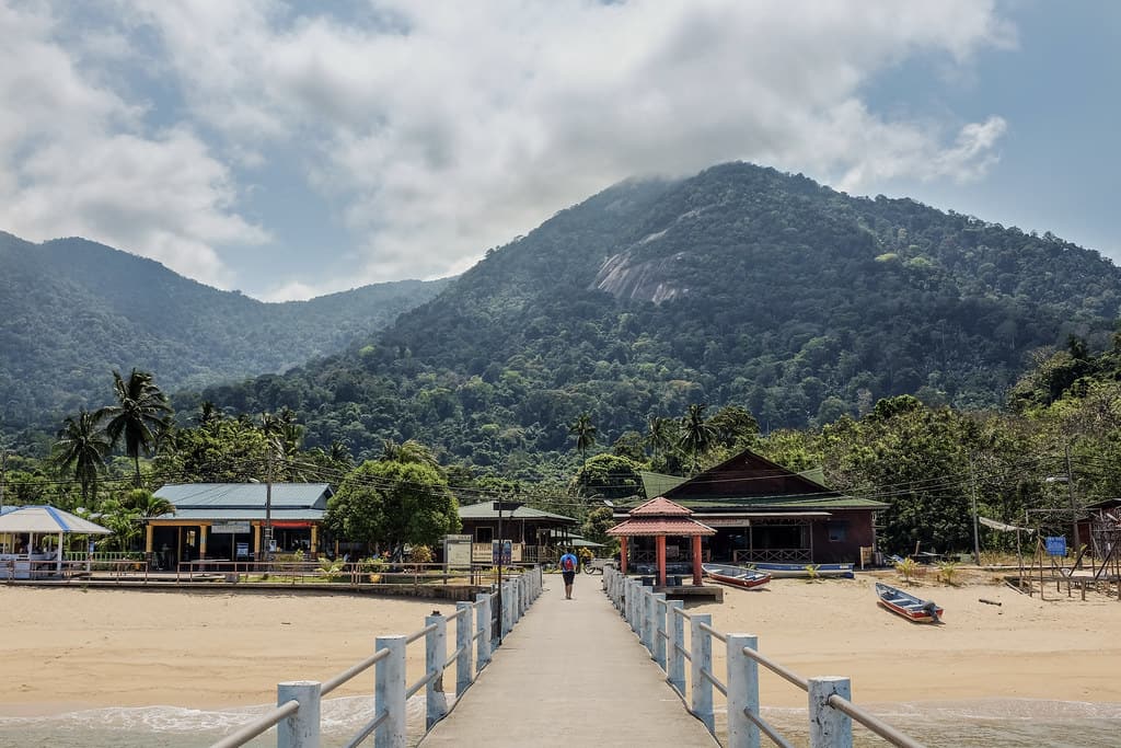 beach pier mountain view